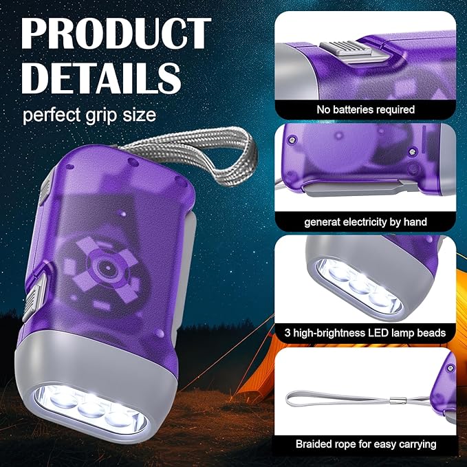 Leelosp 48 Pcs Hand Crank Flashlight No Battery Required Cranked Flashlight Manual Press Flash Light 3 LED Squeeze Light for Camping Hiking Power Outage Gift (Red Blue Purple Orange Yellow Green)