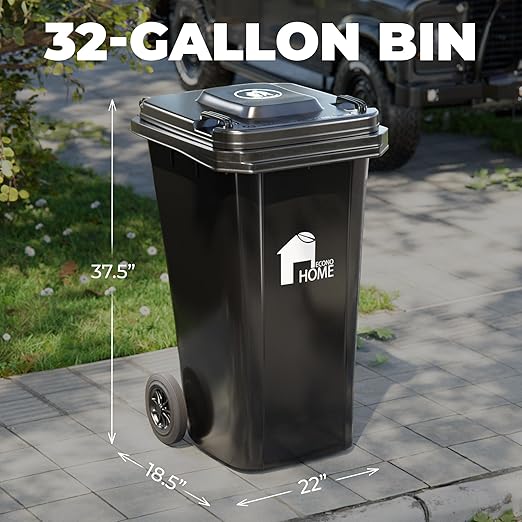 EconoHome Outdoor Garbage Can with Lid - 32 Gallon Trash Can for Backyard, Deck, Garage - Dual Wheels, Extra Heavy-Duty, Durable Handle - Versatile Home & Commercial Storage Container - Black, 2-Pack