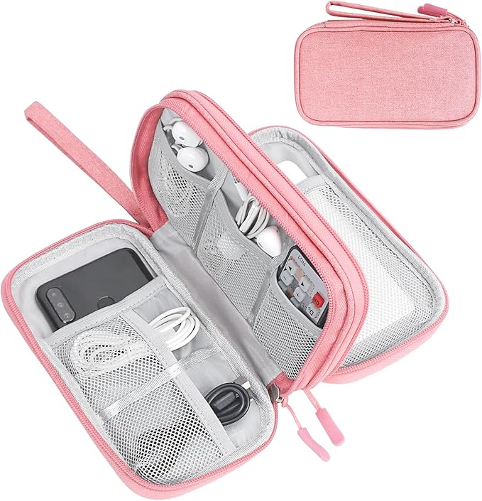 FYY Electronic Organizer, Electronic Accessories Carry Case Portable Waterproof Pouch Double Layers Storage Bag for Travel Cable, Cord, Charger, Phone, Earphone, Medium Size, Pink