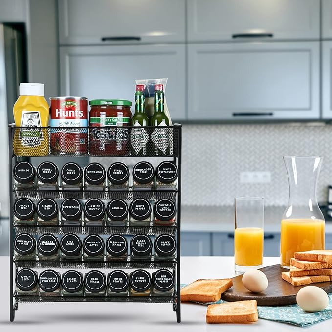 Spice Rack Organizer with 28 Spice Jars, Black Lids，Spice Labels, Chalk pen and Funnel Set for Cabinet, Countertop, Pantry, Cupboard or Wall Mount