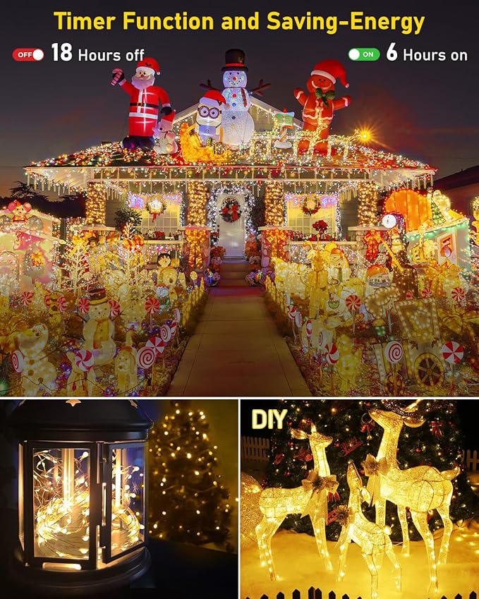 KNONEW 100FT Outdoor Christmas Fairy Lights Plug in,300 LED String Lights Outdoor Waterproof 8 Modes for Wedding Bedroom Walls Garden Trees Decoration(Warm White)