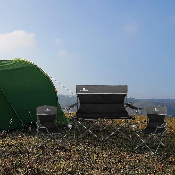 Camping Chair Set of 3, Outdoor Folding Camping Chairs for Heavy People with Cup Holder & Carry Bag,Collapsible Chair Include One Sofa Chair and Two Single Chair,Support up to 500lbs