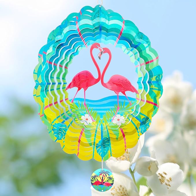 Flamingo Wind Spinners Garden Yard Decor Gift for Women Men, 12 Inch Outdoor Metal 3D Wind Spinner, Stainless Steel Hanging Wind Catchers Kinetic Sculpture for Outside Decoration