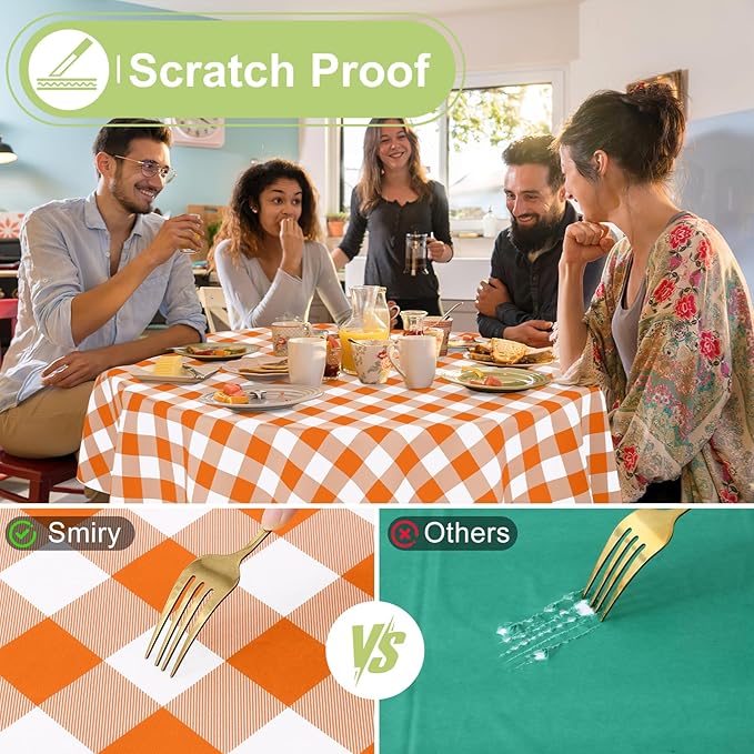 Smiry Round Plastic Table Cloth, Waterproof Vinyl Tablecloth with Flannel Backing, Wipeable Buffalo Plaid Table Cover for Dining, Indoor and Outdoor (Orange & White, 60" Round)