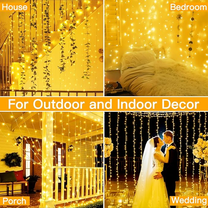 Ollny Curtain Lights 6.6x6.6ft, 200 LED String Lights with Remote 8 Modes Dimmable Timer, USB Power Fairy Light for Bedroom Backdrop Indoor Wall Window Wedding Decor, Warm White