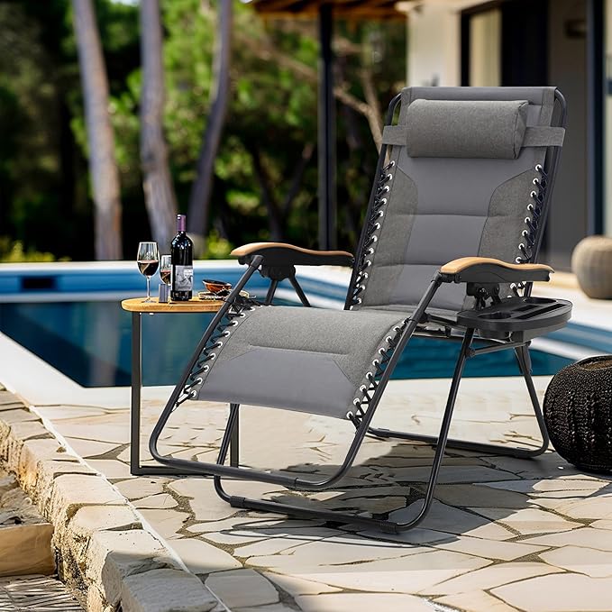 MFSTUDIO Zero Gravity Chairs Set of 2, XL Oversized Outdoor Anti Gravity Chair, Patio Lounge Folding Adjustable Chair with Cup Holder & Padded Headrest, Support 400lbs,Light Grey