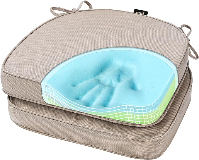 SUNROX Gel Memory Foam Chair Cushions, FadeShield Water-, Stain-Resistant Durable Reversible Seat Cushion Pads with Ties for Indoor/Outdoor Kitchen Dining Office, 19"x19", Set of 2, Husk Birch