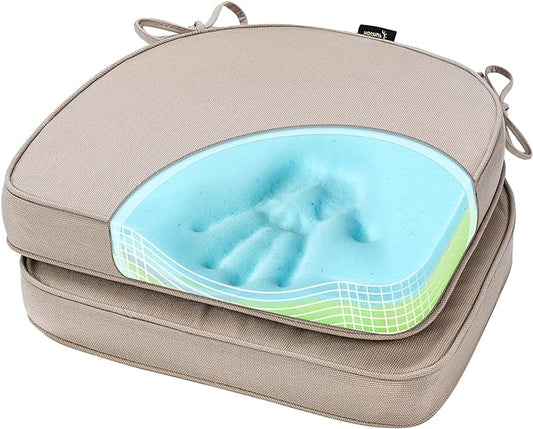 SUNROX Gel Memory Foam Chair Cushions, FadeShield Water-, Stain-Resistant Durable Reversible Seat Cushion Pads with Ties for Indoor/Outdoor Kitchen Dining Office, 19"x19", Set of 2, Husk Birch