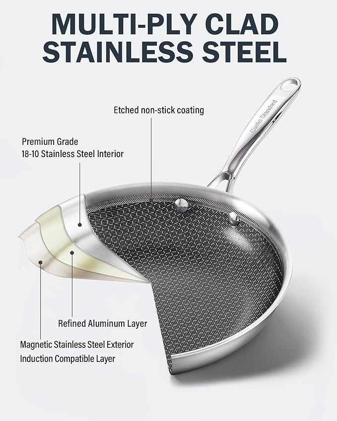 Cooks Standard Hybrid Nonstick Frying Pan, 8-Inch Skillet, Multi-Ply Clad Stainless Steel Fry Pan with Tempered Glass Lids, Oven Safe, Compatible with All Stovetops