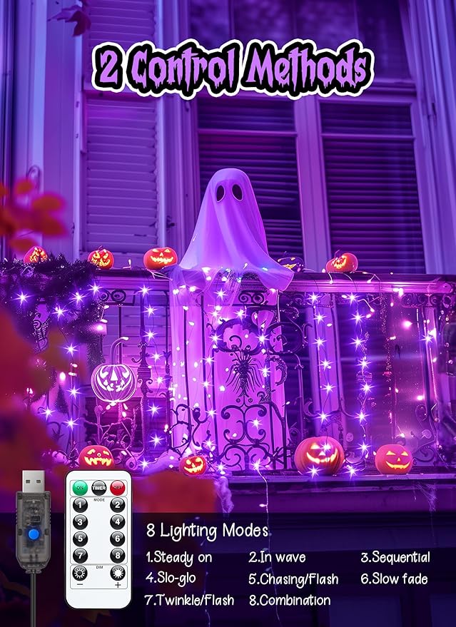 Halloween USB Fairy Lights Plug in, 33Ft 100 LED Twinkle String Lights with Remote and Timer, Waterproof 8 Modes for Bedroom Home Party Ghost Haunted House Indoor Outdoor Decorations, Purple