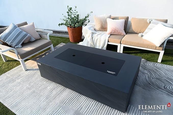 Elementi+ | Cape Town Gas Fire Pit Cast Concrete 56" Rectangular Fire Table, Outdoor Fire Pit Electronic Ignition | Canvas Cover, Fire Glass and Burner Lid Included | Dark Gray | Natural Gas
