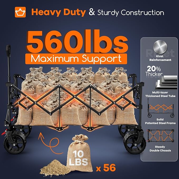 48" L Collapsible Wagon Cart Foldable, 560LB Weight Capacity 300L Heavy Duty Folding Beach Wagons with Big All-Terrain Wheels, Utility Carts for Groceries, Shopping, Camping, Sports - Blue