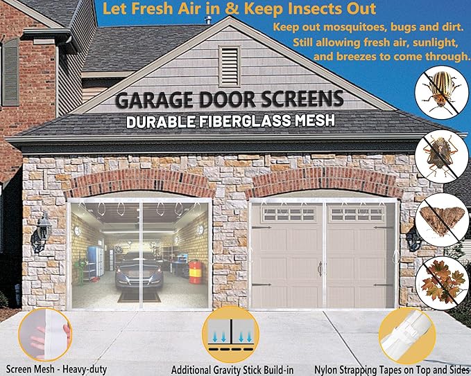 Magnetic Garage Door Screen Kit 12x7 FT White - Retractable Mesh Net Screen Door with Fiberglass Mesh for 1 Car Garage 12x7ft, Blocks Bugs & Provides Privacy - Perfect for Workshop Gym Patio