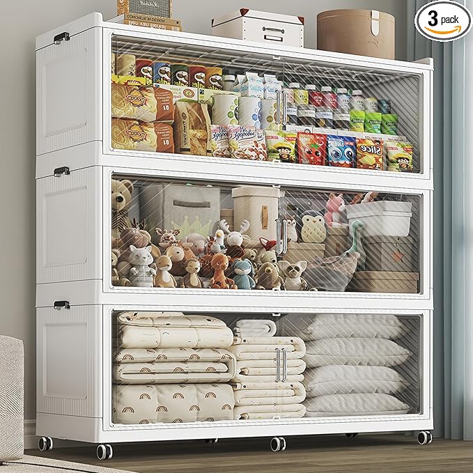 240GAL Extra Large Stackable Storage Bins with Lid, 960QT Plastic Closet Organizer and Storage Cabinet with Wheels and Doors, Folding Storage Box Container for Home Organization, 3Pack White