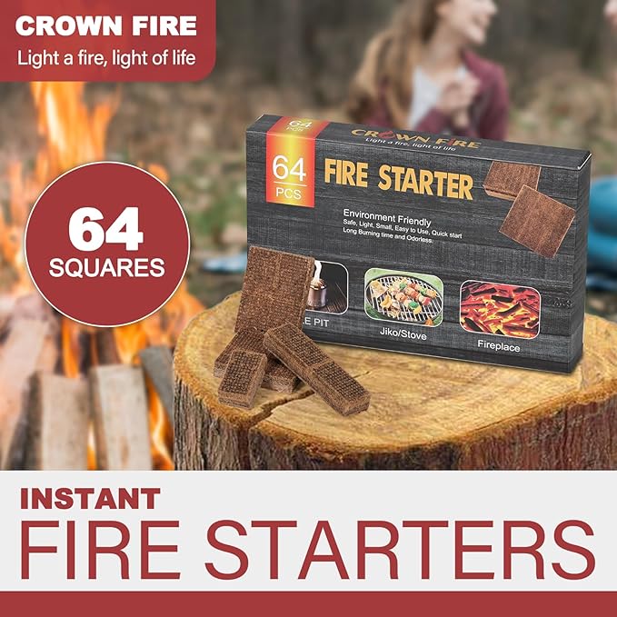 Fire Starter Cubes 64 Pcs - Fire Starters for Fireplace Indoor Outdoor Fire Pit, Chimney, BBQ Grill, Camping Fire, Wood Stove - Water Resistant and Safe Odorless Charcoal Starter - Camping Accessories
