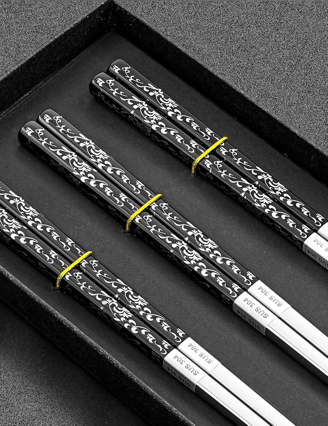 Metal Chopsticks Reusable, 3 Pairs Chop Sticks Reusable Dishwasher Safe, Titanium Plated Non-Slip Stainless Steel Chopsticks Present Set (Black Silver)