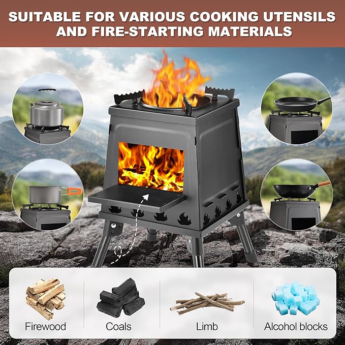 Wood Burning Stove, Camping Wood Stove, Small Portable Cast Iron Wood Stove: Compact Outdoor Cooking Solution with Carrying Bag (Small)