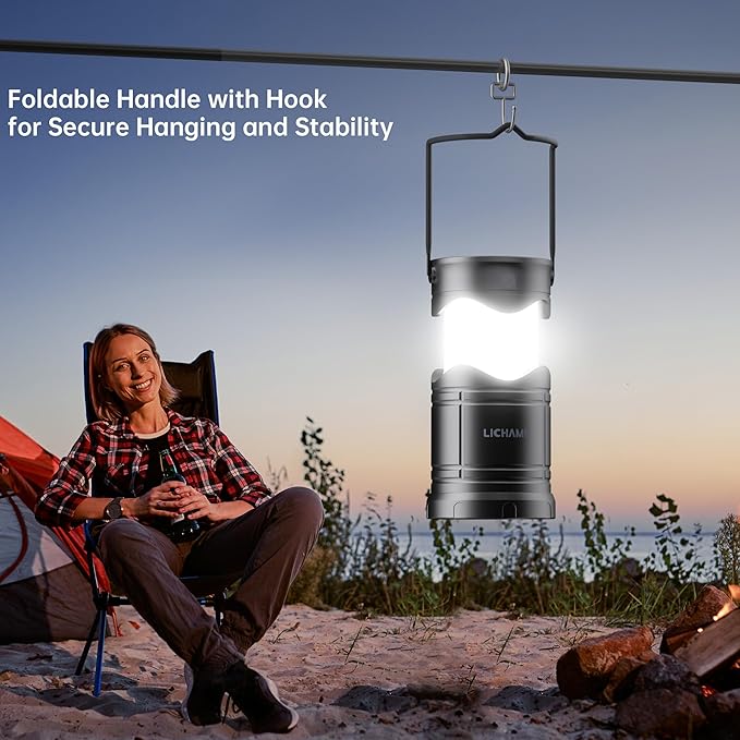 Lichamp 2-Pack Solar Camping Lantern, USB Rechargeable LED Lanterns Battery Powered Pop Up Flashlight Lamps with Three Modes Power for Power Outages Hurricane Supplies Emergency Indoor & Outdoor