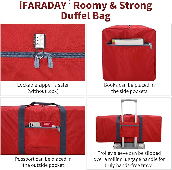 Foldable Duffle Bag for Travel - 75L Large Spare Travel Duffel Bag Lightweight with Trolley Sleeve - Red