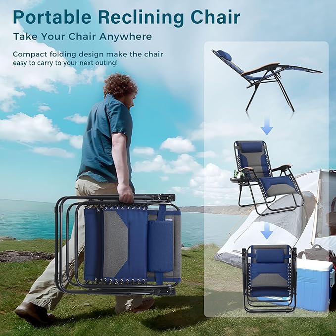 MFSTUDIO Zero Gravity Chairs Set of 2, XL Oversized Outdoor Anti Gravity Chair, Patio Lounge Folding Adjustable Chair with Cup Holder & Padded Headrest, Support 400lbs,Cyan