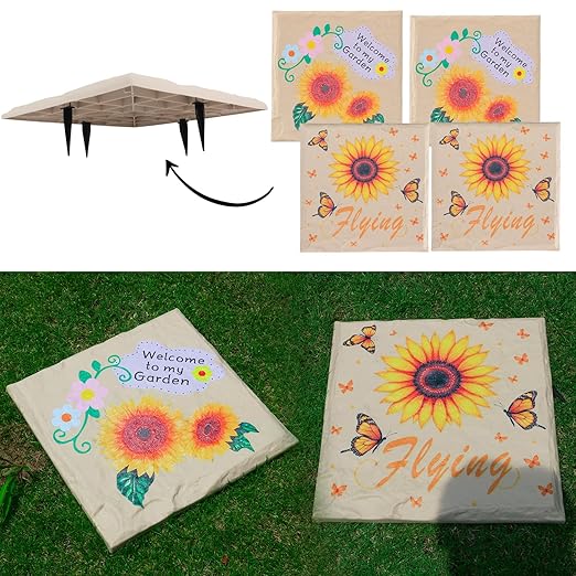 4Pcs Square Sunflower Stepping Stone Outdoor Garden Walkway, Durable Plastic Pavers for Patio, Pathway, and Landscaping, Weatherproof Stepping Stones with Ground Stakes for Easy Installation