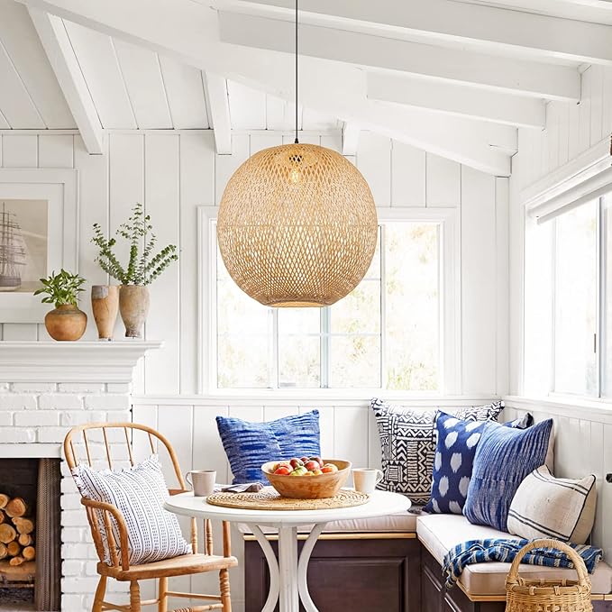 Arturesthome Natural Bamboo Pendant Lamp, Round Hanging Ceiling Light Wicker Chandelier, Hand-Woven Boho Basket Lampshade for Kitchen Island Living Room