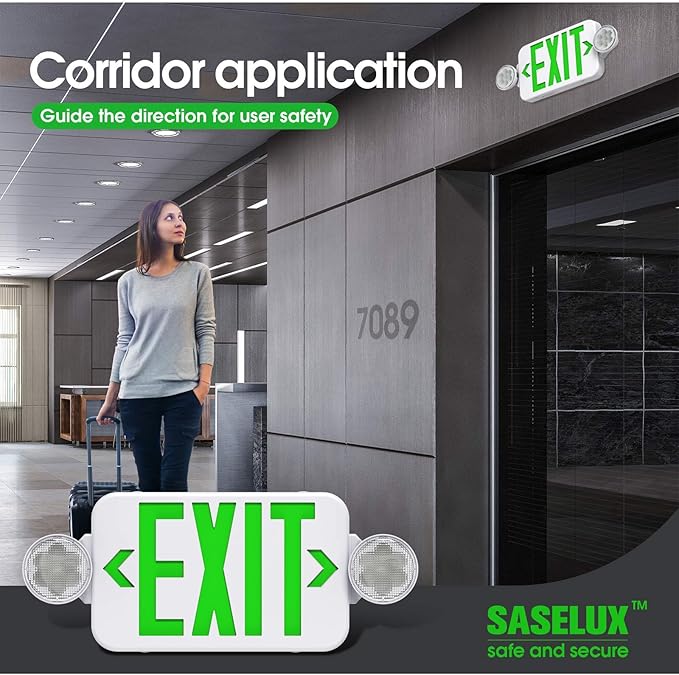 Green Led Exit Sign Emergency Light Combo Adjustable Two Head, Double Sided and Battery Backup Exit Light, Contractor Select, AC 120/277V (1 Pack)