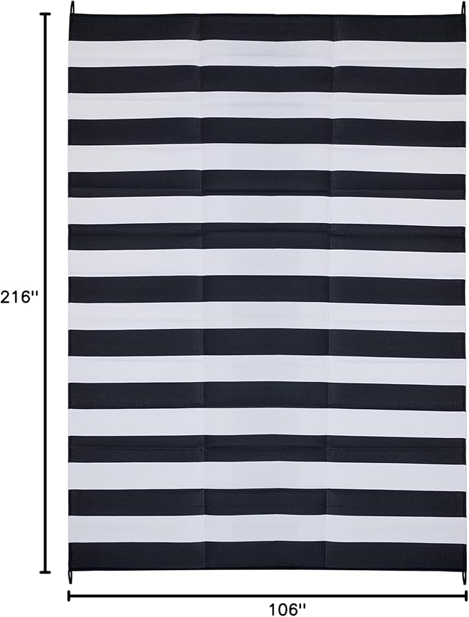 FH Home Outdoor Camping Rug - Waterproof, Fade Resistant, Reversible - Premium Recycled Plastic - Striped - Large Patio, Deck, Sunroom, RV - Brittany Stripe - Black & White - 9 x 18 ft Foldable