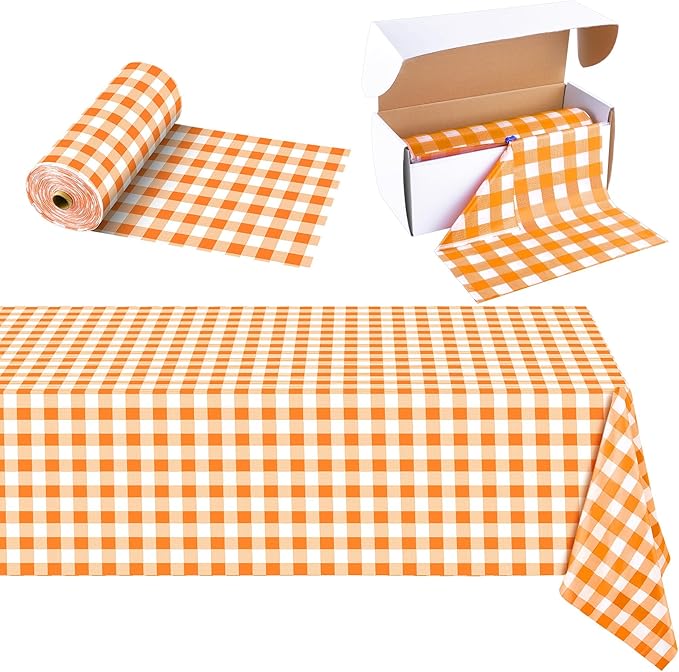 54 Inch x 300 Ft Orange Checkered Plastic Table Cloth Roll Disposable Waterproof Plastic Cover Roll with Easy Slide Cutter for Outdoor Picnic/Home Dining/Fall Thanksgiving Party Decoration