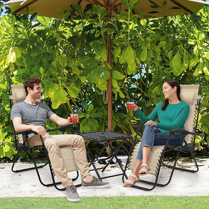 MoNiBloom 3 Pieces Cozy Lounge Chairs Table Set for Outside, Adjustable Folding Zero Gravity Recliners for Patio Beach Pool Yard Camping, 330lbs Capacity - Cream