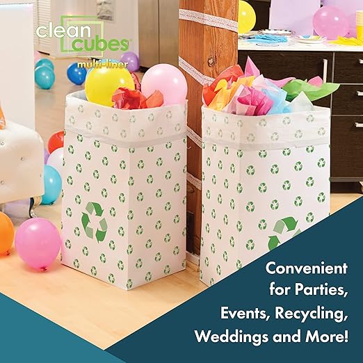 30 Gallon Multi-Liner Disposable Trash Cans (3-Pack) with Fitted Trash Bags - Reusable Garbage and Recycling Bins for Parties, Events, and More (Recycle - 17" Height x 14" Width x 30" Depth)