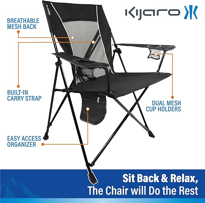 Kijaro Foldable Camping Chair, Vik Black, Polyester, Mesh, Steel, Portable, Durable, Unisex