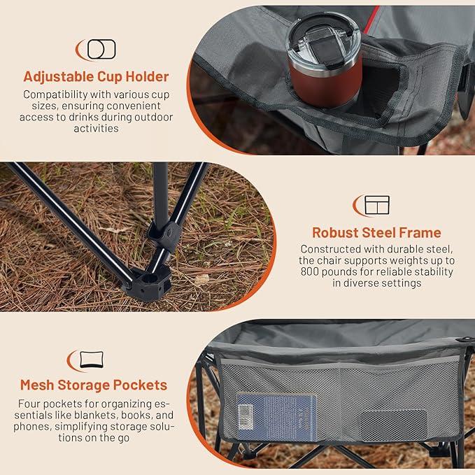 TIMBER RIDGE Heated Double Camping Chair, 700 lbs Heavy Duty Outdoor Folding Camp Couch, Oversized Comfort Loveseat Camping Chairs Perfect for Outdoor Sports, Camping, Lawn(Power Bank not Included)