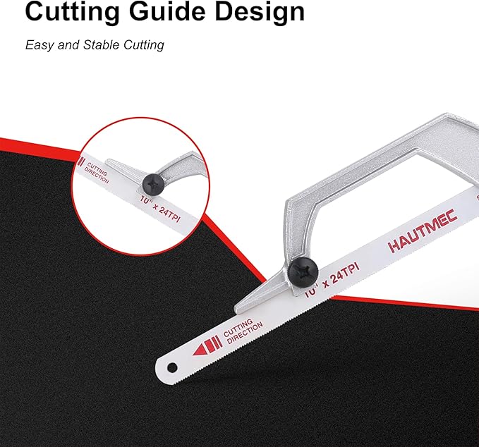 HAUTMEC Mini Hacksaw, 10" Compact Hacksaw with Cutting Guide Design, Tool-Free Blade Change, Compatible with 10"/12" Blades, Lightweight Hack Saw for Metal, PVC & Wood Cutting – HT0426