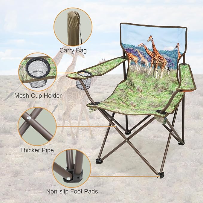 2 Pcs Animal Pattern Camping Chair,Folding Backpacking Lightweight Beach Chair w/Cup Holder,Mesh Side Pocket,Carry Bag,Portable Lawn Chair for Adults Family Outdoor Parties,Hiking,Giraffes