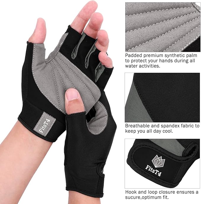 FitsT4 Sports Half Finger Padded Palm Gloves for Diving, Sailing, Jet Skiing, Stand-UP Boarding, Kayaking and Water Skiing, Suitable for Men&Women&Youth