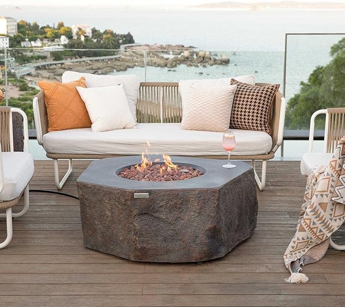 Elementi | Columbia Gas Fire Pit Cast Concrete Semi-Round Fire Table, Outdoor Fire Pit Electronic Ignition | Canvas Cover, Lava Rock Included | Natural Gas