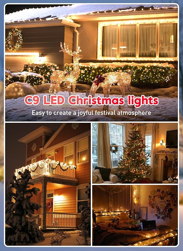 Vintage C9 LED Christmas Lights Outdoor, 150 Ft C9 String Light with 150 Shatterproof Warm White Bulbs, Waterproof Connectable Christmas Tree Lights for Roofline Holiday Garden Party Xmas Decorations