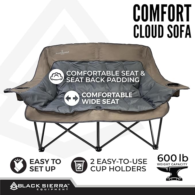 Black Sierra Double Camping Chair for Adults, Oversized Folding Loveseat Supports 600 lbs, Plush Padded Outdoor Couch with Cup Holders and Carry Bag for Beach, Patio, RV, or Tailgating Events