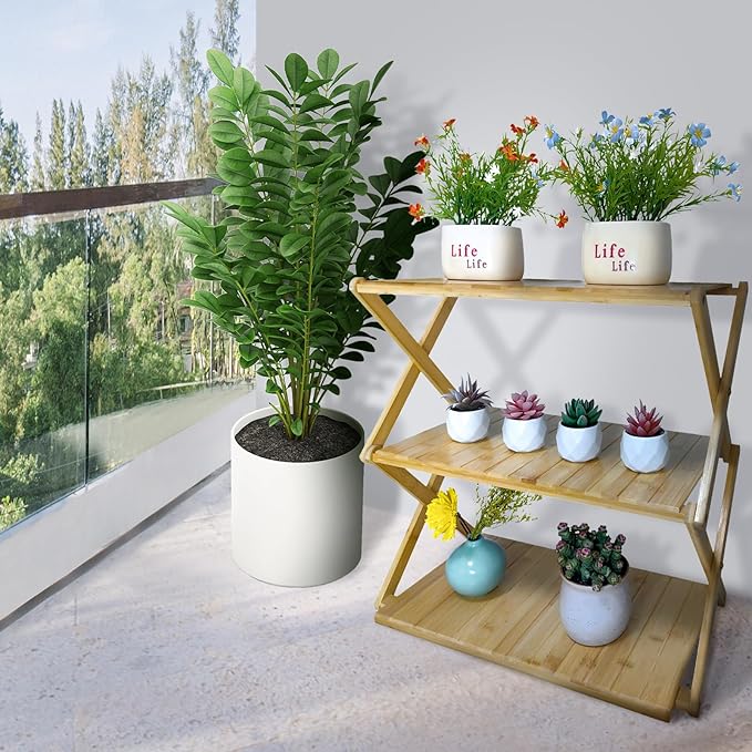 Foldable Bamboo Shelf, Folding Shoe Rack, Flower Rack, Camping Rack, No Installation Required, Portable, Space Saving, Multi-Purpose Storage Rack (Natural, 3Tiers)