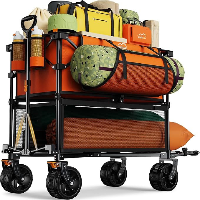 Foldable 50''L Extra Long Double Decker Wagon for Sport, 400L Collapsible Heavy Duty Wagon Cart with Big Wheels, Utility All-Terrain Large Extender Cart for Outdoors, Orange