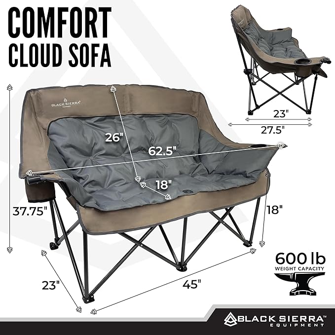 Black Sierra Double Camping Chair for Adults, Oversized Folding Loveseat Supports 600 lbs, Plush Padded Outdoor Couch with Cup Holders and Carry Bag for Beach, Patio, RV, or Tailgating Events