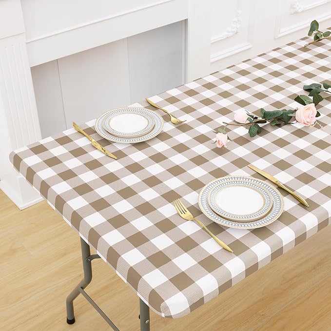 misaya Buffalo Rectangle Picnic Tablecloth, 6 Foot Elastic Fitted Vinyl Table Cloth with Flannel Backing, Waterproof Plaid Table Covers for Dining, Camping, Outdoor (Khaki and White, 30" x 72")