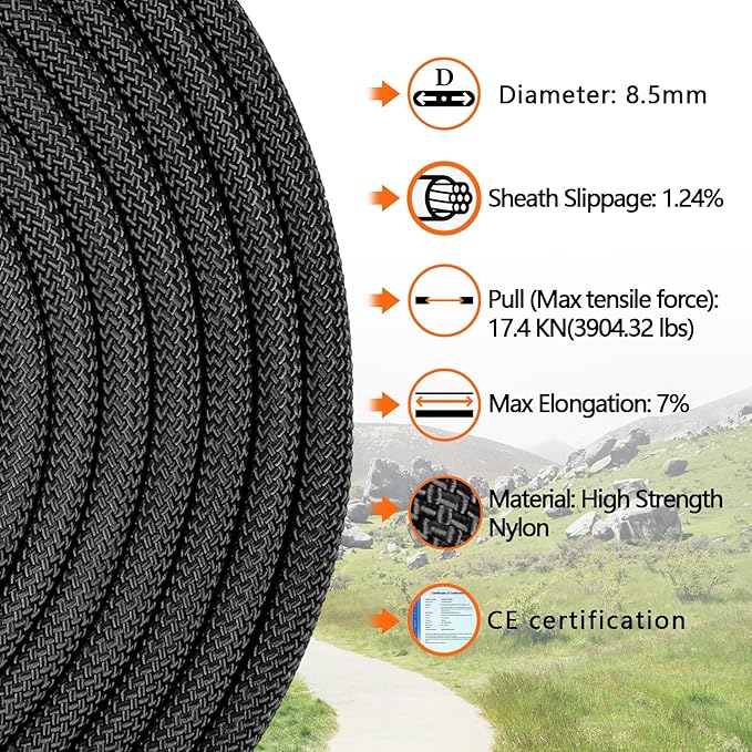 AOLEBA 8.5mm Static Climbing Rope, Outdoor Rock Climbing Ropes, Heavy Duty Rappelling Rope for Fire Rescue, Escape, 10M(32Ft) 20M(64Ft) 30M(96Ft) Ice Climbing Equipment & Parachute Accessories