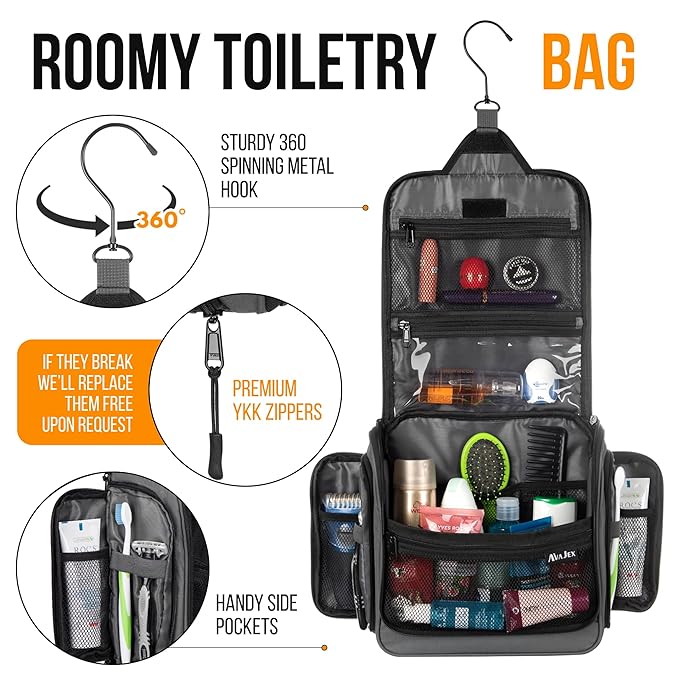 Travel Toiletry Bag for Men and Women - Large Hanging Toiletry Organizer - Waterproof Hygiene Bag with Metal XXL Swivel Hook, with Sturdy Zippers and 19 Compartments for Toiletries, Makeup, Cosmetics