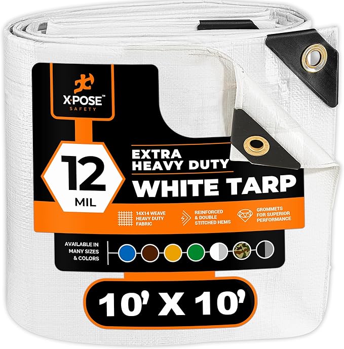Heavy Duty White Poly Tarp 10' X 10' - Multipurpose Protective Cover - Durable, Waterproof, Weather Proof, Rip and Tear Resistant - Extra Thick 12 Mil Polyethylene - by Xpose Safety