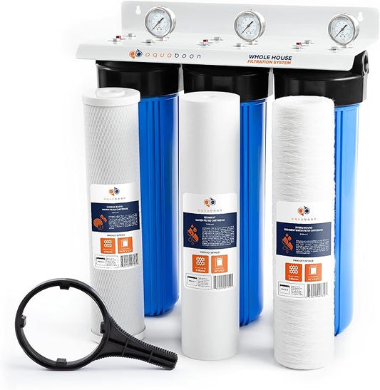 Aquaboon 3-Stage Whole House Water Filter System Against Chlorine & Sediment with 20x4.5 Water Filters Cartridges, Gauge & Release, Wrench, Bracket