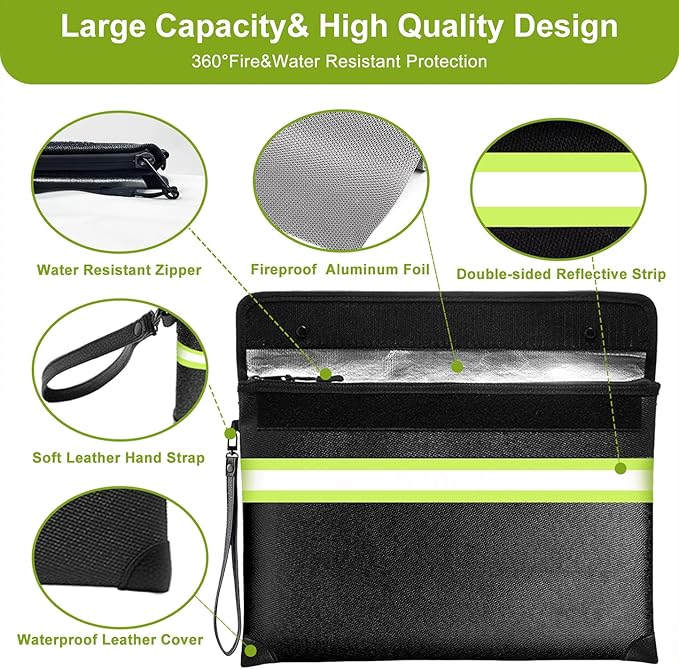 6500°F Fireproof Document Bag, Upgraded Fireproof/Waterproof Money Bag with Zipper/Reflective Strip,Storage Pouch for A4 Letter Size Document,Cash,Cell Phone,Passport