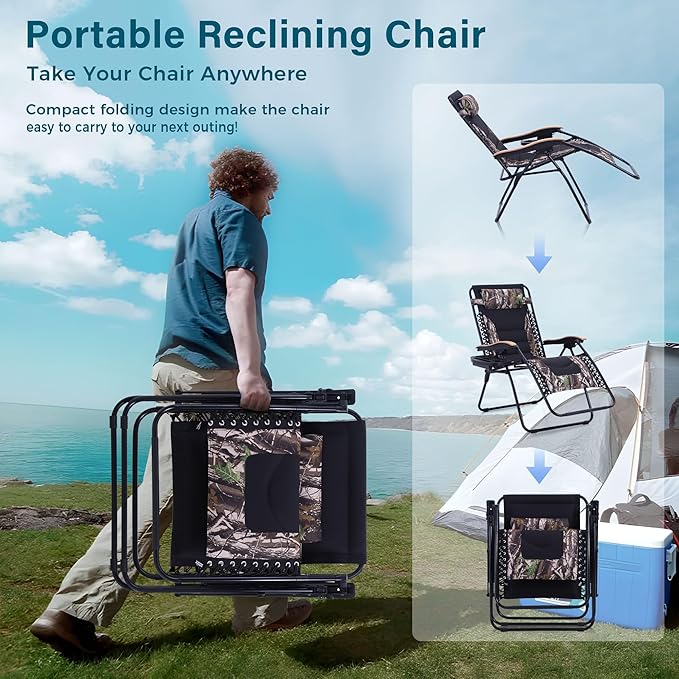 MFSTUDIO Zero Gravity Chairs Set of 2, XL Oversized Outdoor Anti Gravity Chair, Patio Lounge Folding Adjustable Chair with Cup Holder & Padded Headrest, Support 400lbs,Camouflage