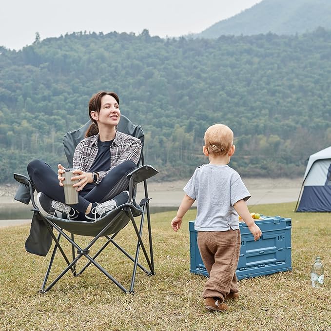EVER ADVANCED Folding Camping Chair for Outside with High Back Padded Oversized Lawn Chairs Folding Lightweight Sturdy Steel Portable Outdoor Camp Chair for Adults